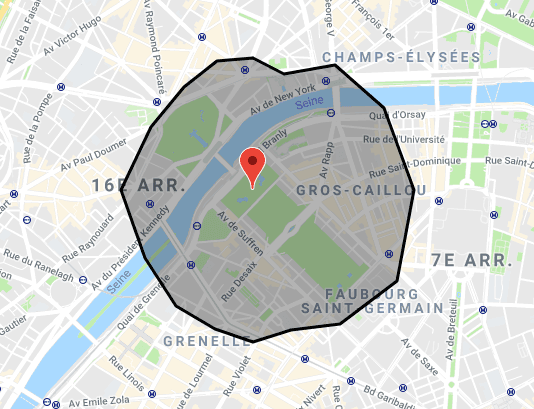 Isochrone travel-time polygons overlaid on a map