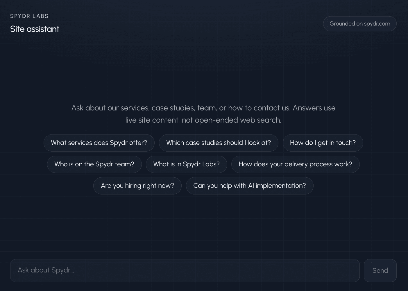 Spydr site assistant chat interface
